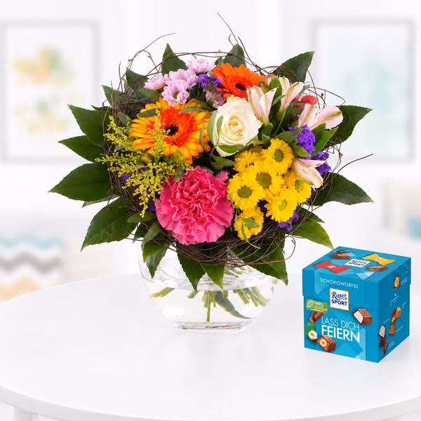 Blumenstrauß Farbenfroh + Schokowürfel Feiern