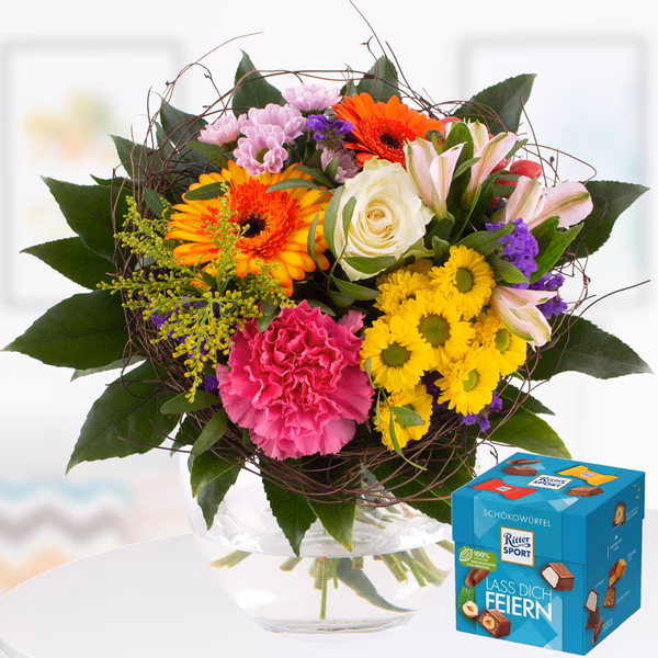 Blumenstrauß Farbenfroh + Schokowürfel Feiern