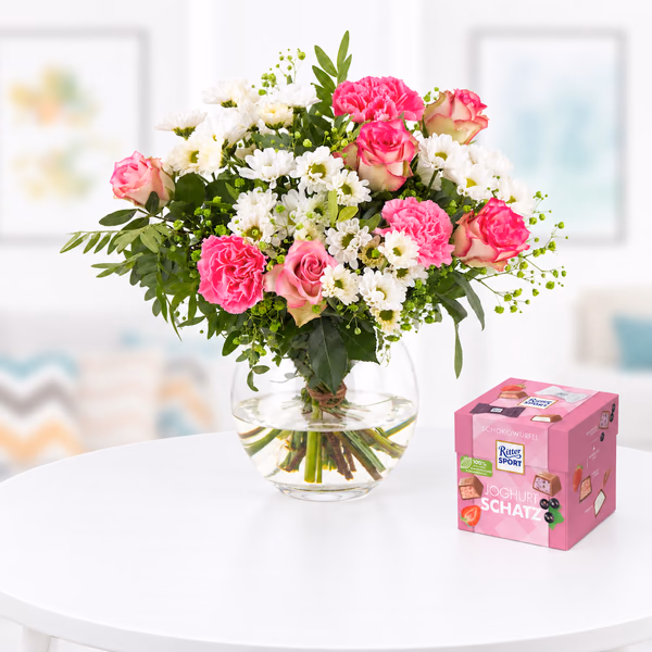 Blumenstrauß Glückskind + Schokolade Joghurtschatz