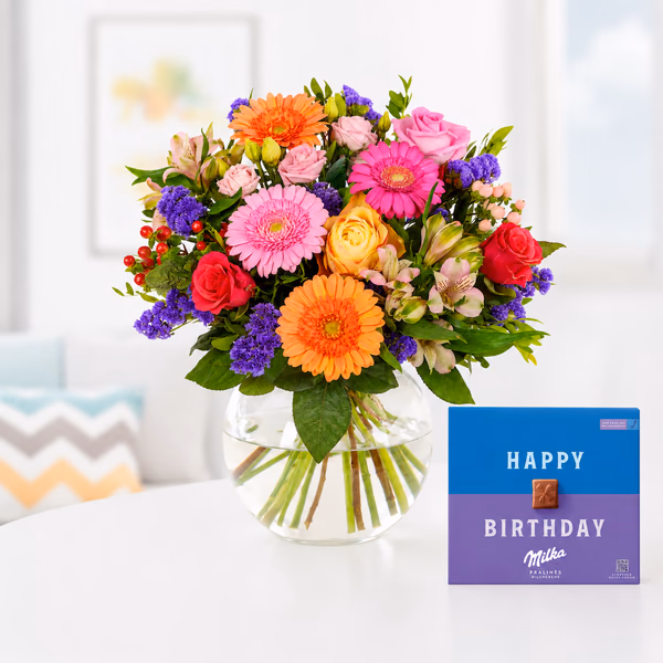 Blumenstrauß + Happy Birthday Schokolade