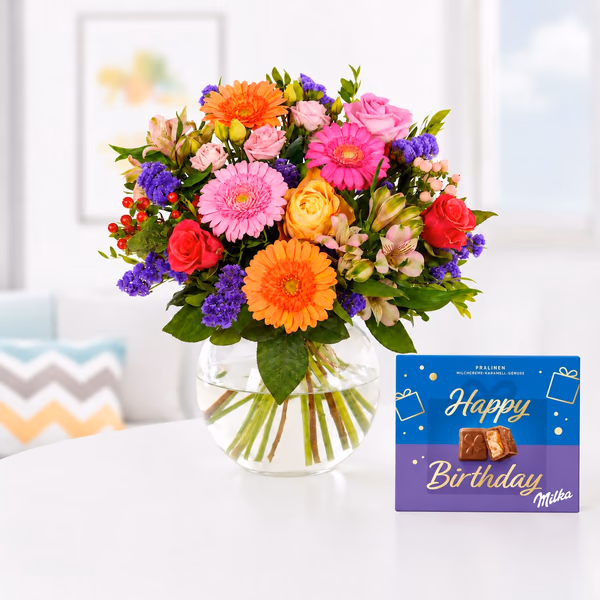 Blumenstrauß + Happy Birthday Schokolade